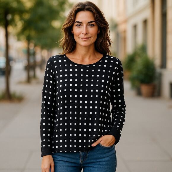 Coldwater Creek Womens Blouse Size 1X 18 Black Cream Mixed Fabric Squares - Picture 1 of 7